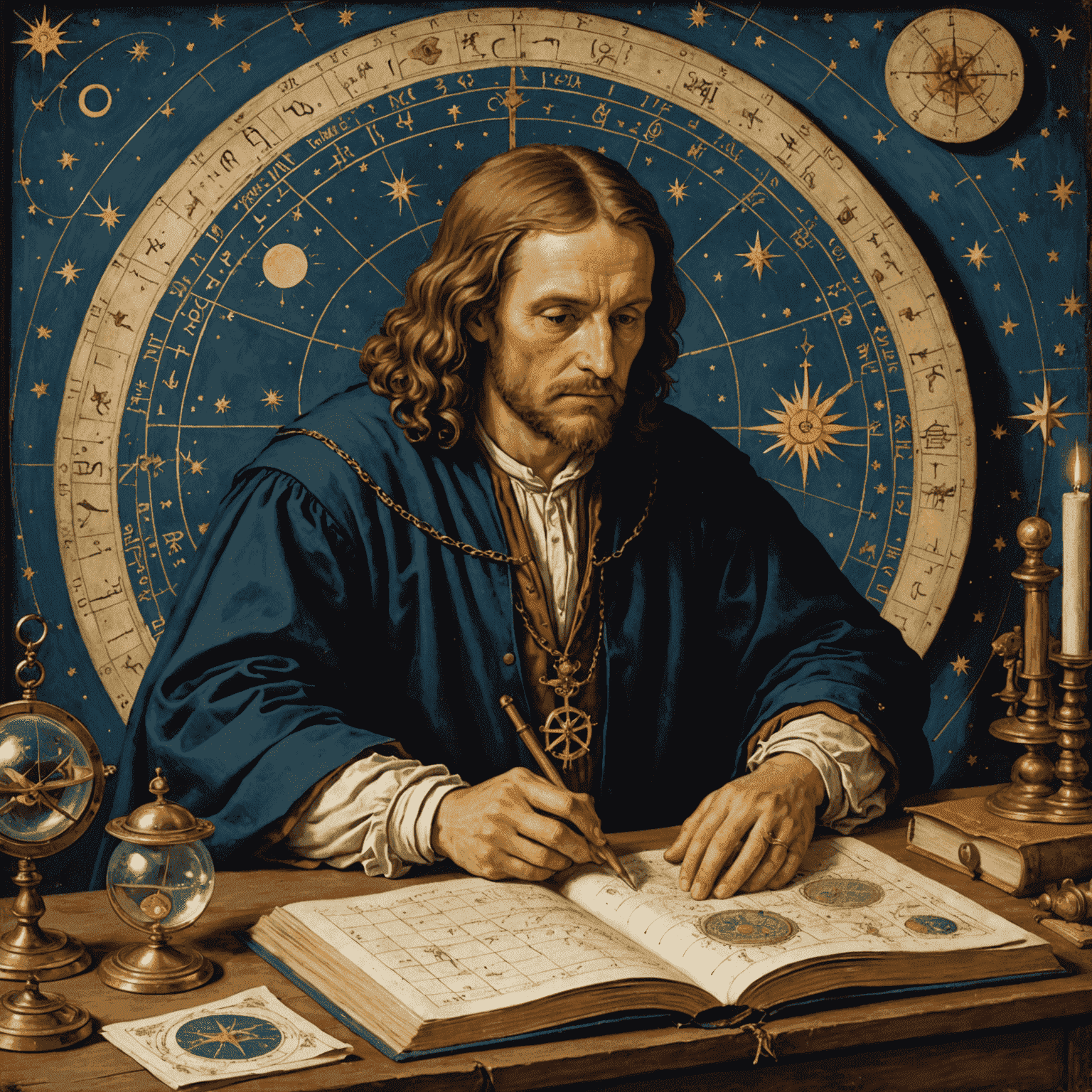 Eine mittelalterliche Darstellung eines deutschen Astrologen, der ein Astrolabium verwendet, um die Sterne zu studieren. Im Hintergrund sind alte astrologische Karten und Bücher zu sehen.